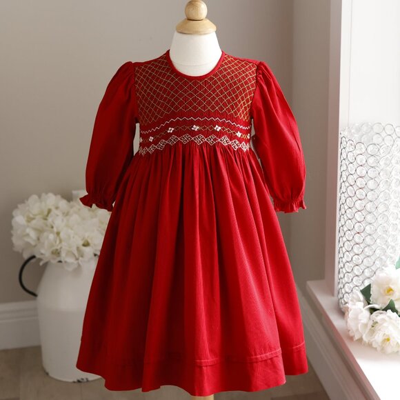 Red Smocked Dress Long Sleeve Green & White Embroidery 100% Cotton Bedford Cord - Picture 1 of 6